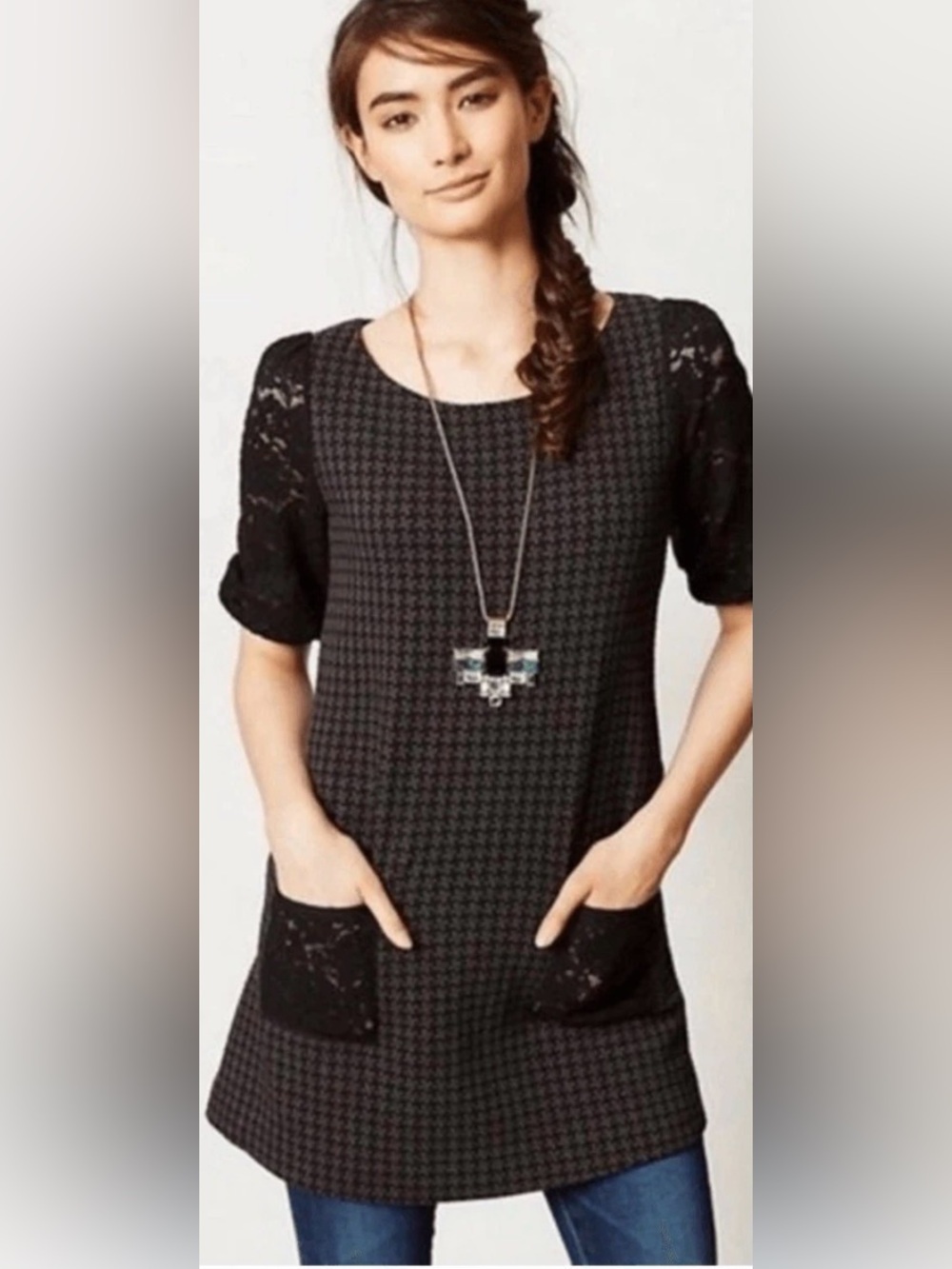 Anthropologie Staccato Black Gray Houndstooth Lace Sleeve Tunic Mini Dress Sz S